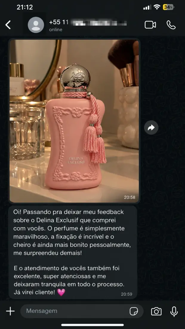 Cliente elogia o Delina Exclusif e o atendimento, no WhatsApp