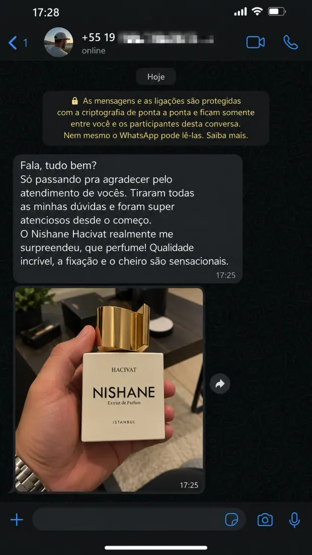 Cliente agradece o atendimento e elogia o Nishane Hacivat, no WhatsApp